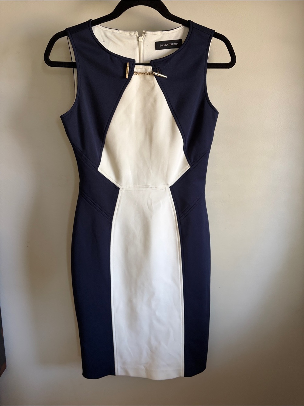 Ivanka Trump Navy and White Sheath Dress with Gold Accent Bar